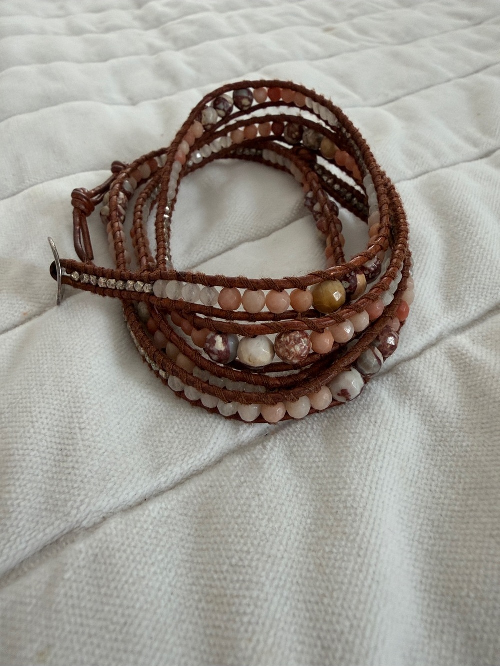 Chan Luu Brown Leather Wrap Bracelet with Pink, Cream, and Tan Beads